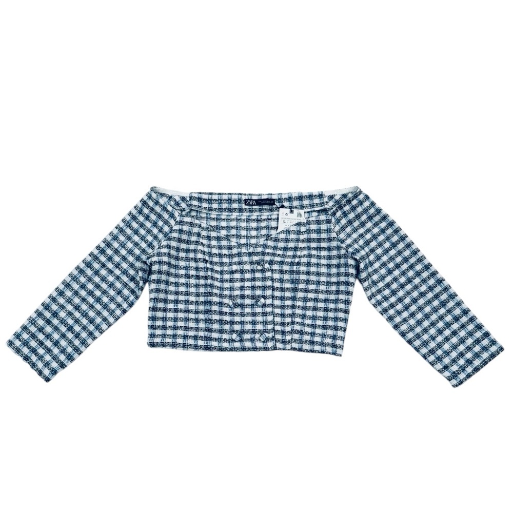 ZARA Off The Shoulder Textured Checkered Crop Top 3/4 Sleeve NWT Size Large